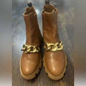 MICHAEL MICHAEL KORS Scarlett Embellished Leather Boot  Tan Platform Size6.5